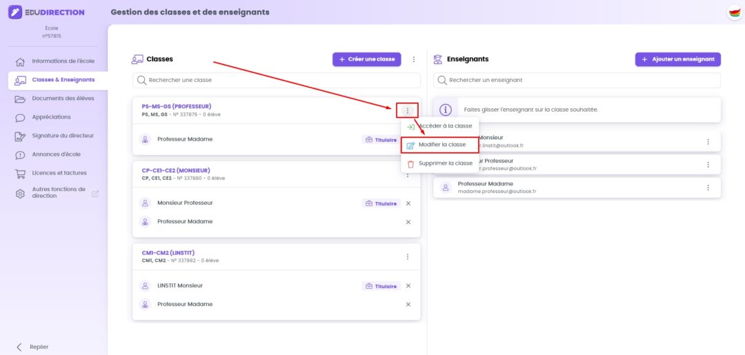 Capture d'écran montrant où cliquer pour lancer la modification d'un classe