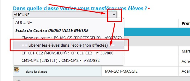 Capture montrant quelle option choisir pour "Libérer" ses élèves