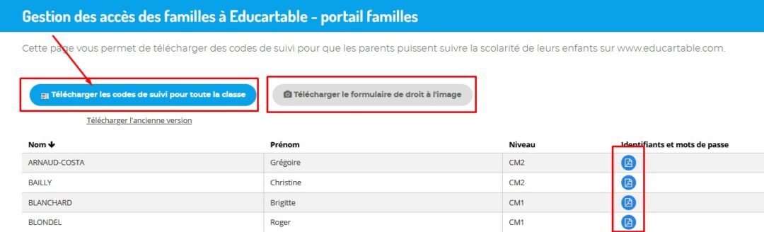 Capture montrant comment récupérer les fiches de codes et le formulaire de droit à l'image sur EduLivret