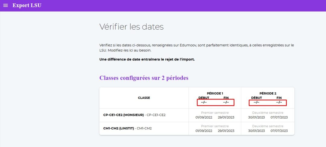 Capture d'écran montrant la page où saisir les dates de périodes pour forcer les dates de toutes les classes en même temps. 