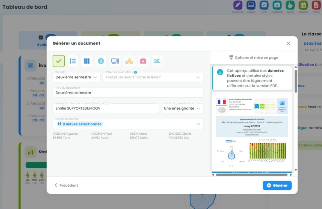 Panneau de génération des LSU dans Edulivret V2