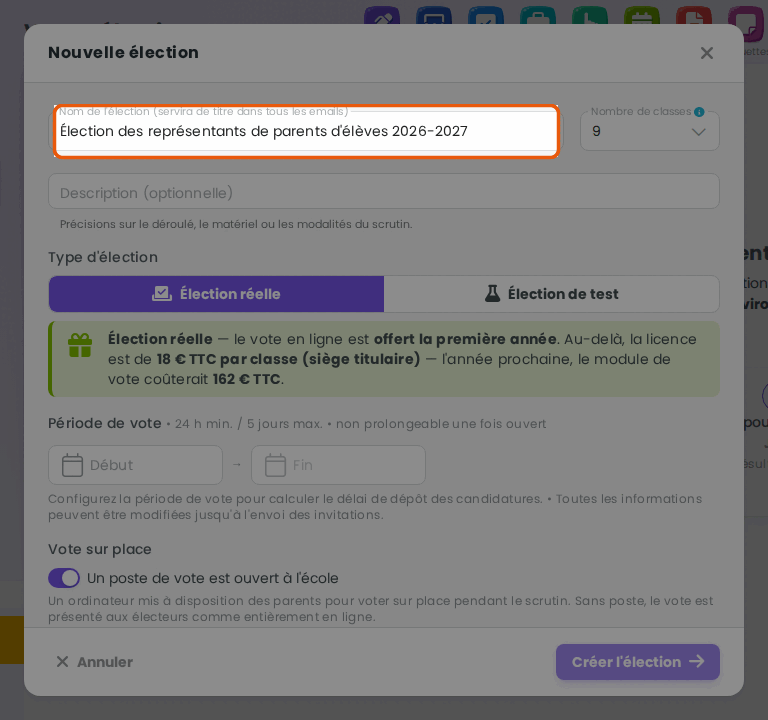 Nom de l'élection et nombre de classes