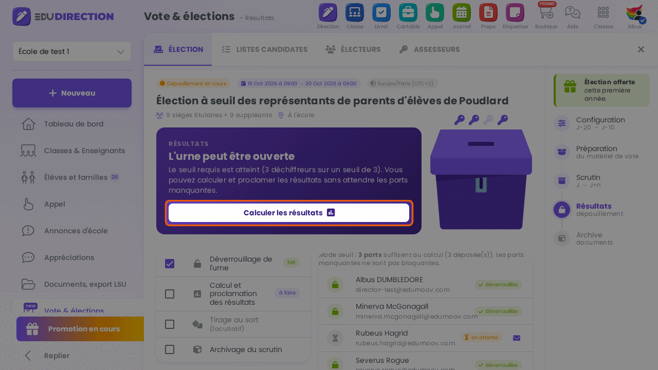 Écran des résultats une fois le seuil atteint, bouton de calcul actif