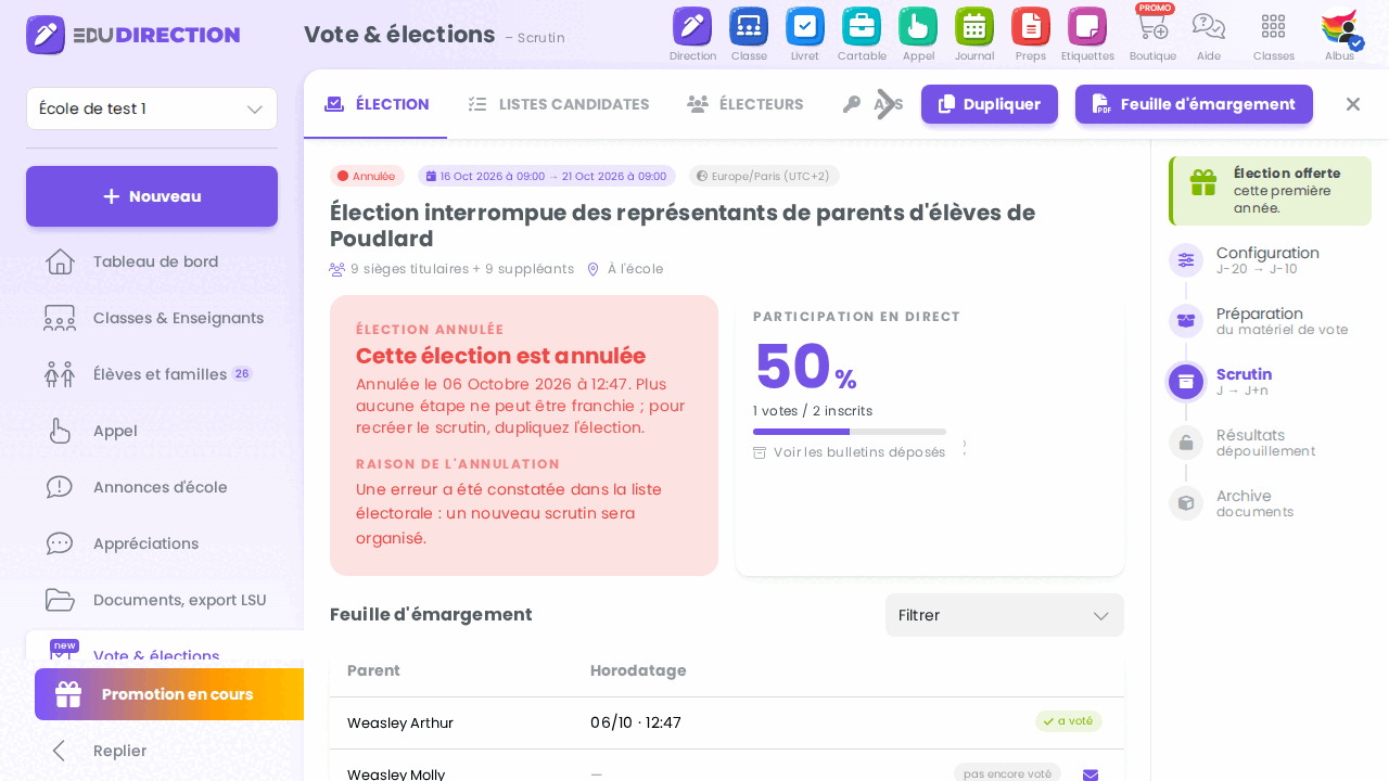 Élection annulée, onglet Élection